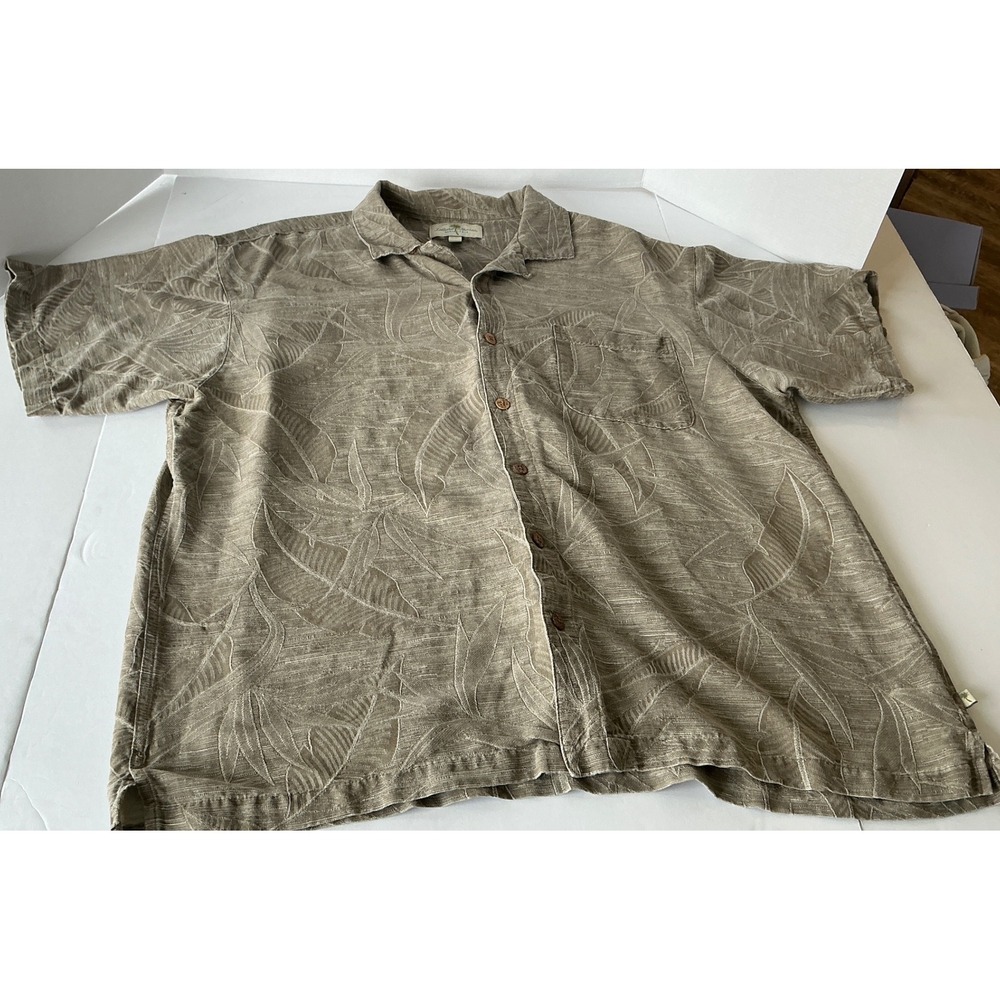 Island Shores Washable‎ Silk Camp Shirt Khaki Leaf Jacquard XXL Tropical Relaxed